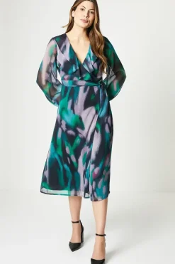 Print Ruffle Front Tie Belt Wrap Dress