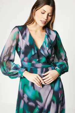 Print Ruffle Front Tie Belt Wrap Dress
