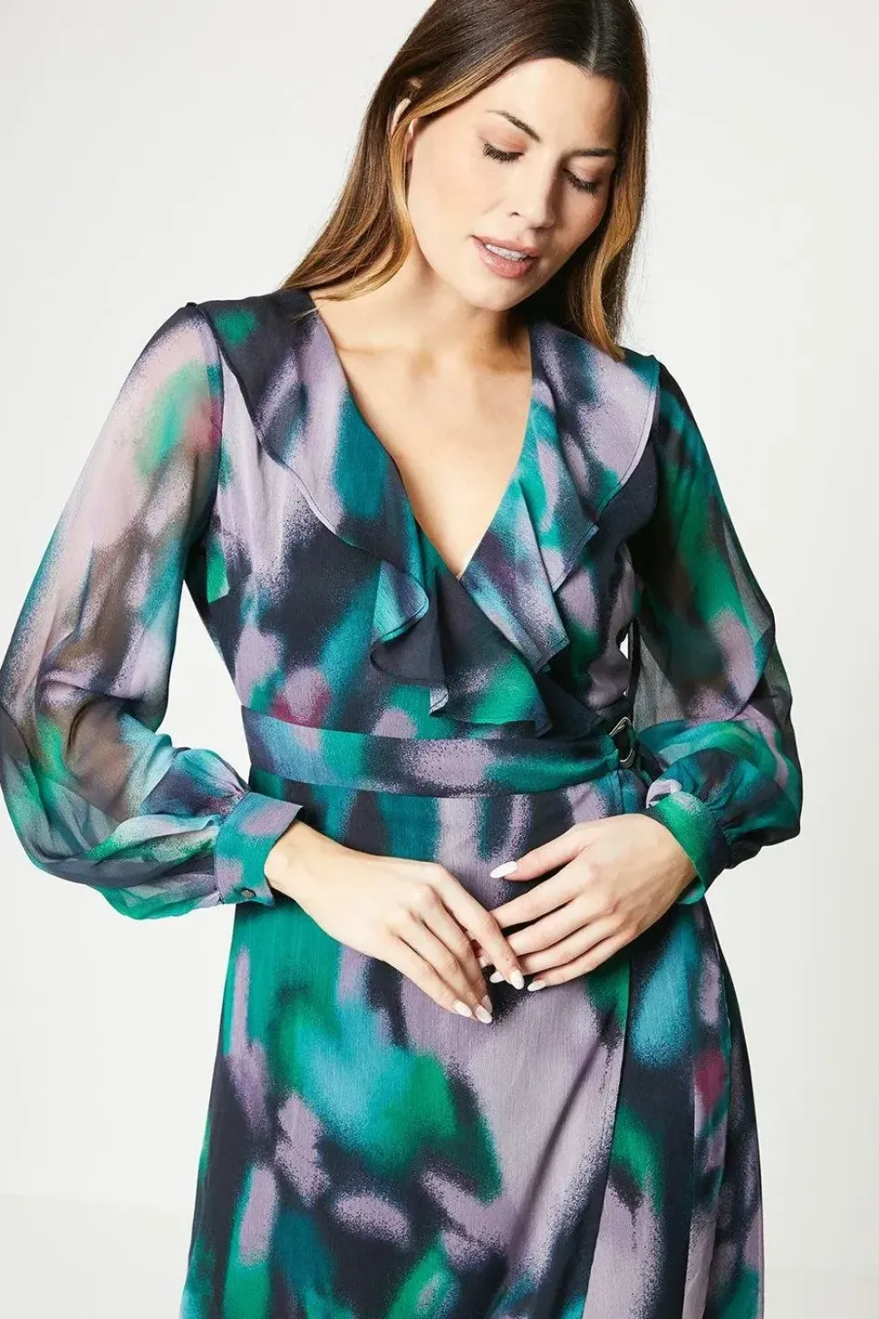 Print Ruffle Front Tie Belt Wrap Dress