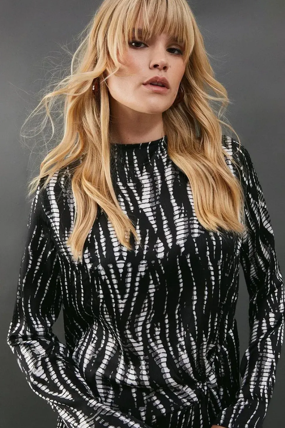 Print Satin Gathered Side Column Midi Dress