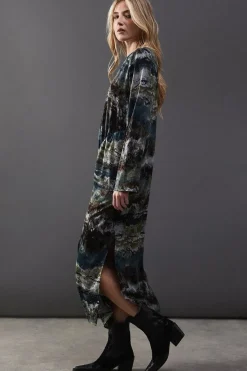 Print Satin Gathered Side Column Midi Dress