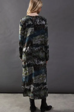 Print Satin Gathered Side Column Midi Dress