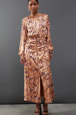 Print Satin Ruched Front Midi Dress