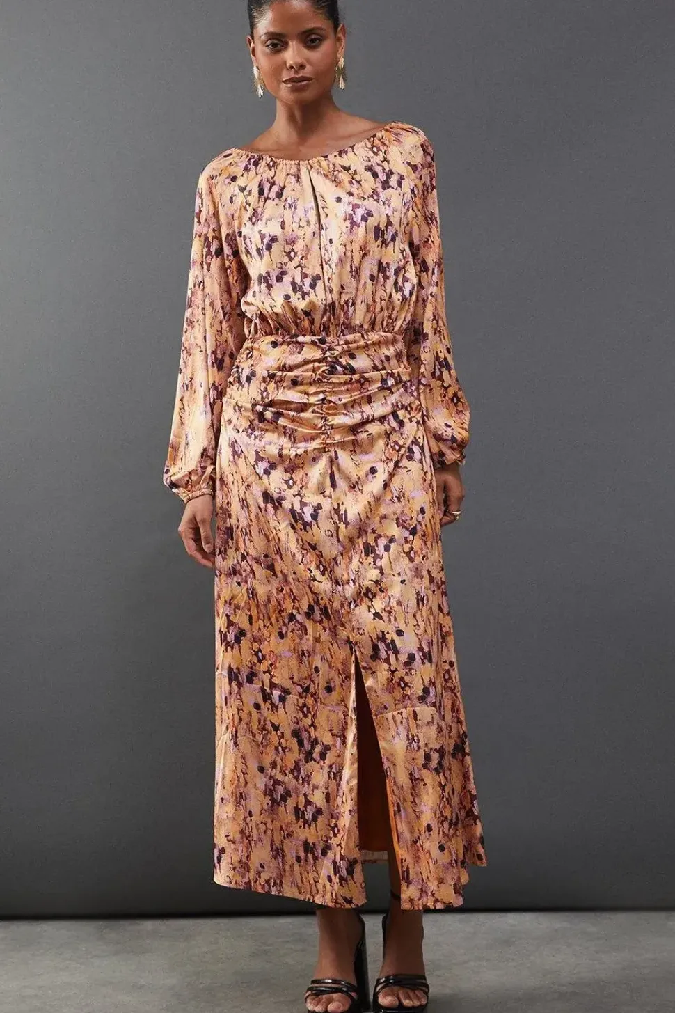 Print Satin Ruched Front Midi Dress