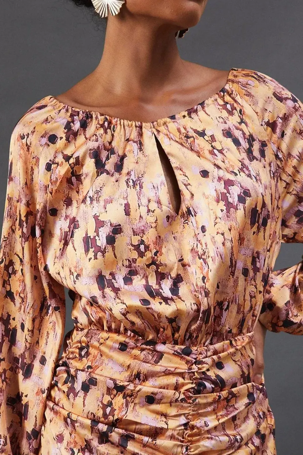 Print Satin Ruched Front Midi Dress