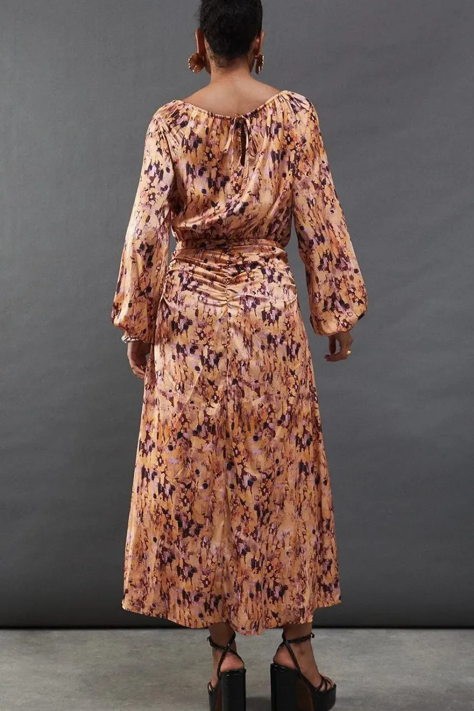 Print Satin Ruched Front Midi Dress