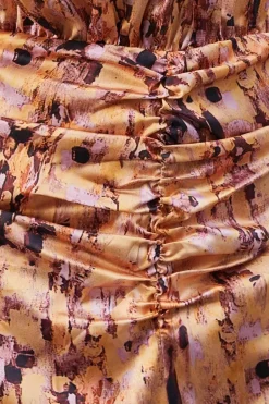 Print Satin Ruched Front Midi Dress