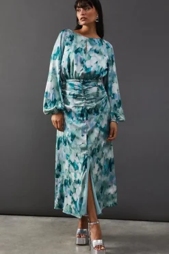 Print Satin Ruched Front Midi Dress