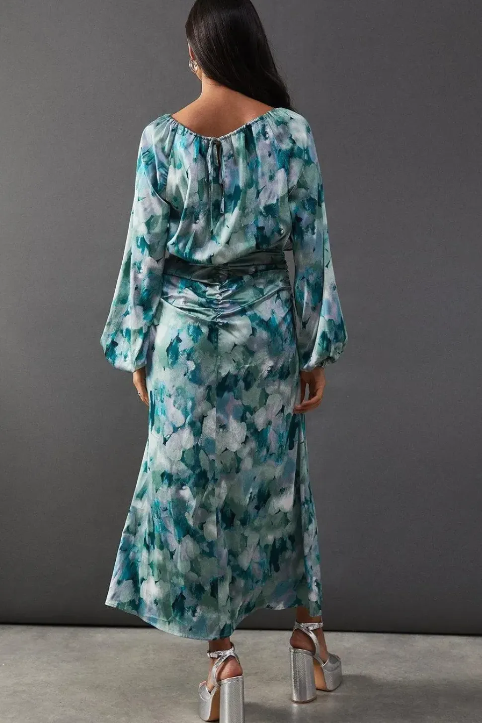 Print Satin Ruched Front Midi Dress
