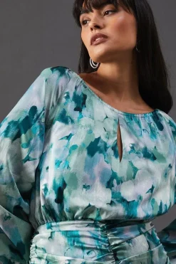 Print Satin Ruched Front Midi Dress