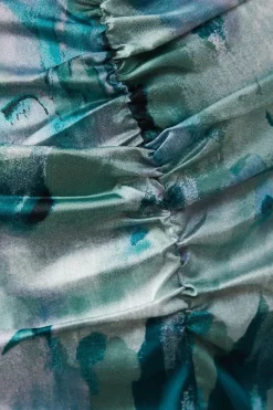 Print Satin Ruched Front Midi Dress