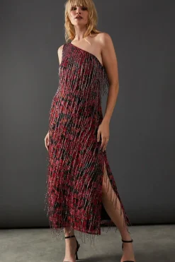 Print Sequin Fringe Embellished One Shoulder Midi Dress