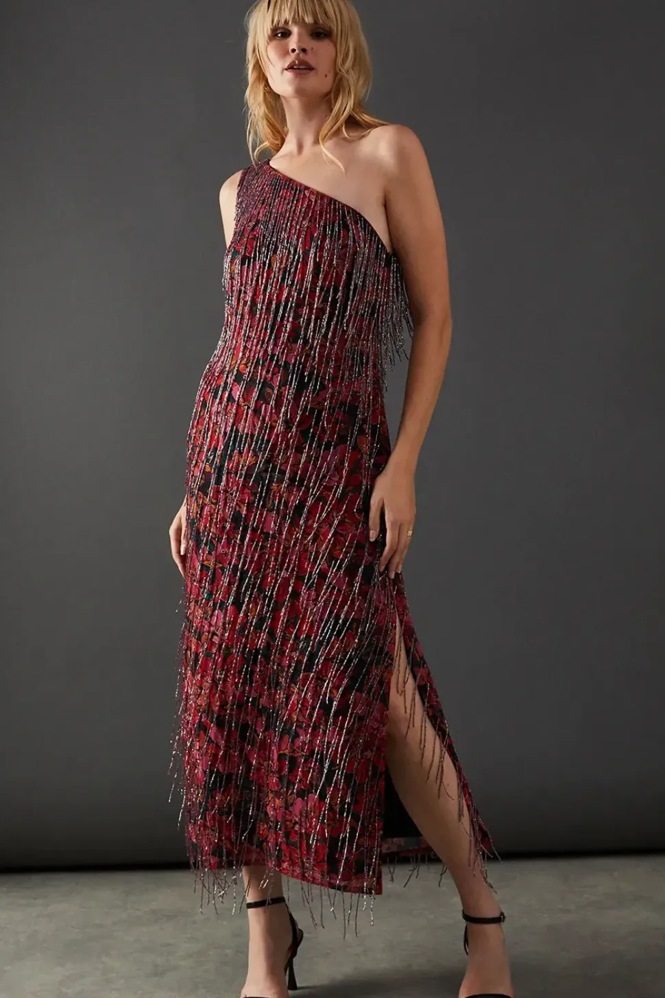 Print Sequin Fringe Embellished One Shoulder Midi Dress