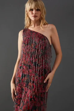 Print Sequin Fringe Embellished One Shoulder Midi Dress