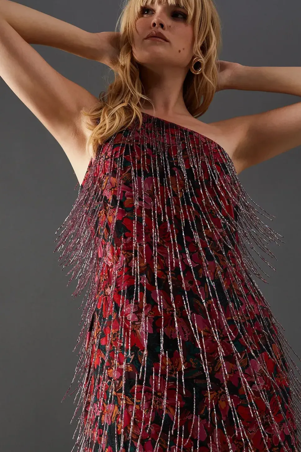Print Sequin Fringe Embellished One Shoulder Midi Dress