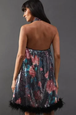 Print Sequin Halter Feather Hem Mini Dress