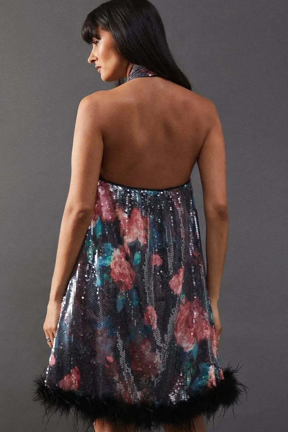 Print Sequin Halter Feather Hem Mini Dress
