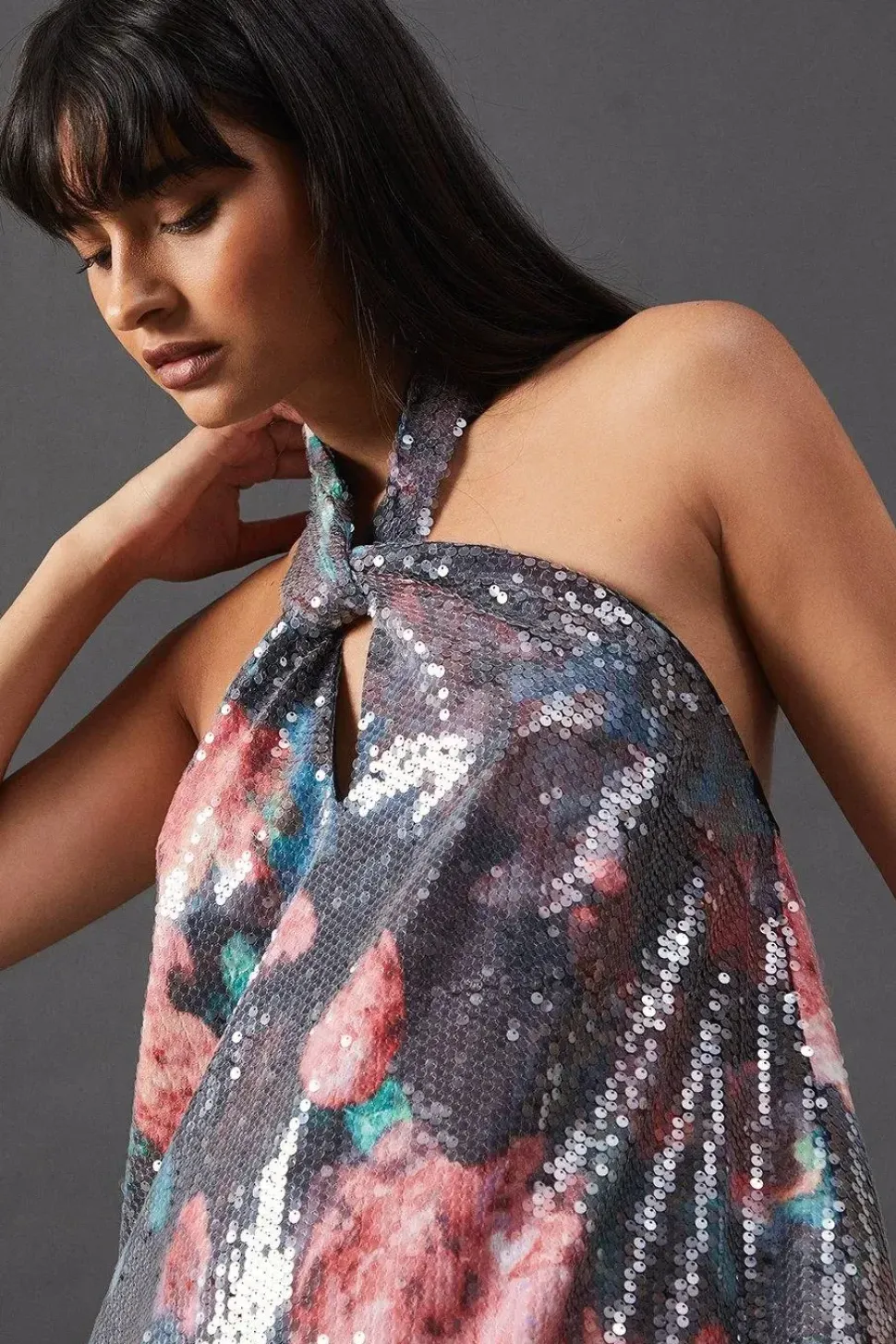 Print Sequin Halter Feather Hem Mini Dress