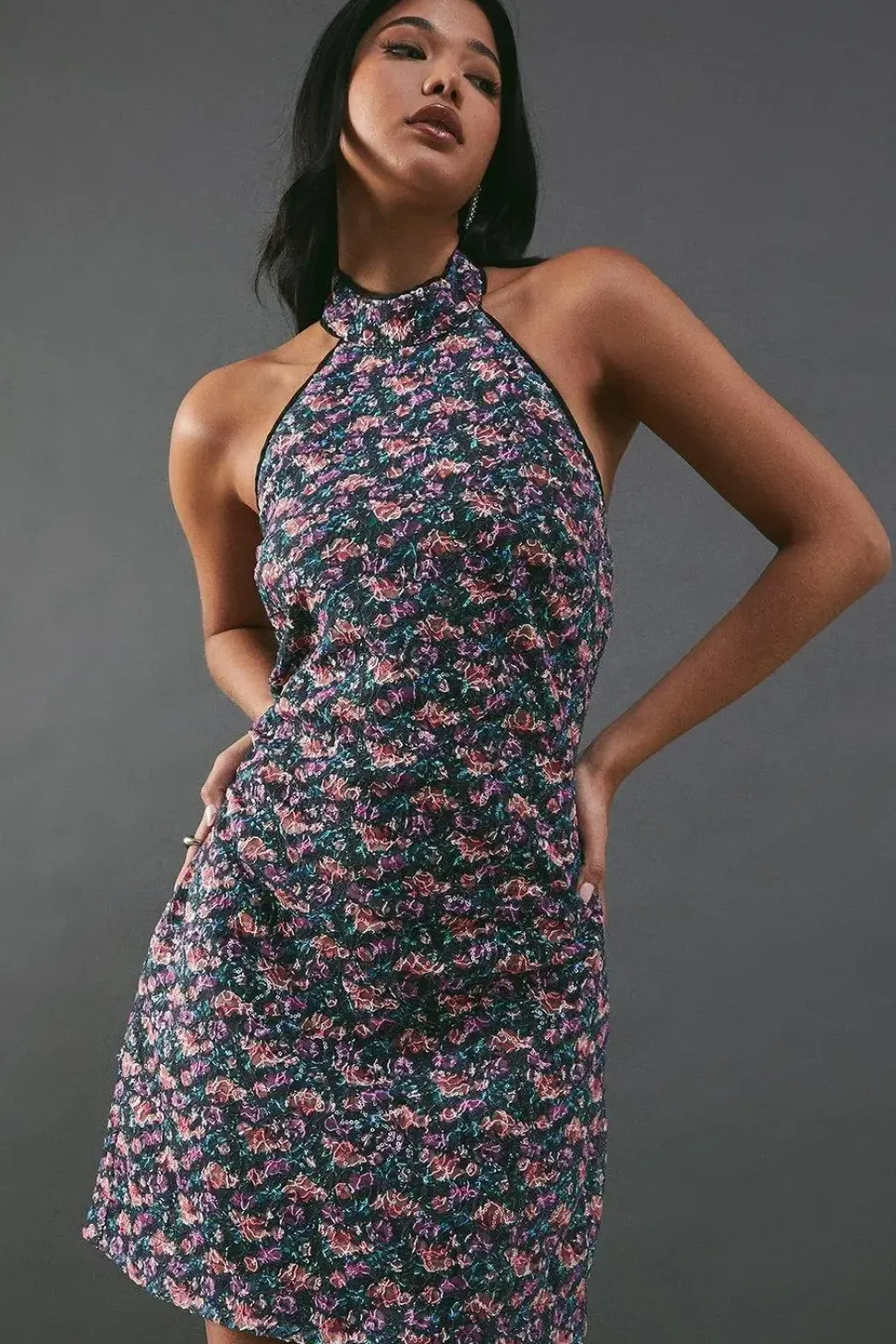 Print Sequin Lace High Neck Halter Mini Dress