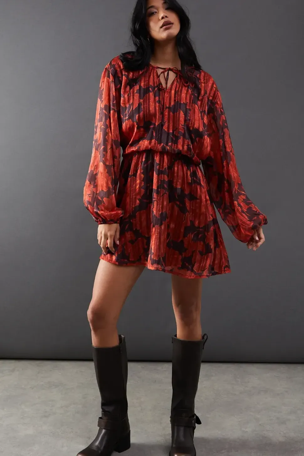 Print Shadow Stripe Volume Sleeve Mini Dress