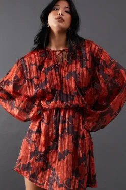 Print Shadow Stripe Volume Sleeve Mini Dress