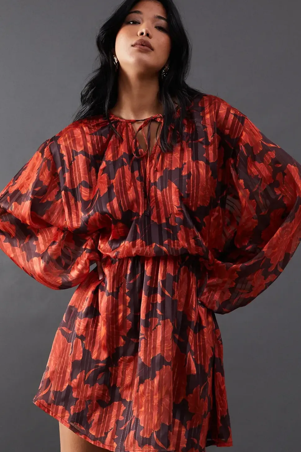Print Shadow Stripe Volume Sleeve Mini Dress