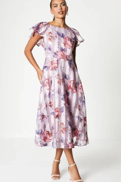 Print Stripe Organza Pleat Shoulder Midi Dress