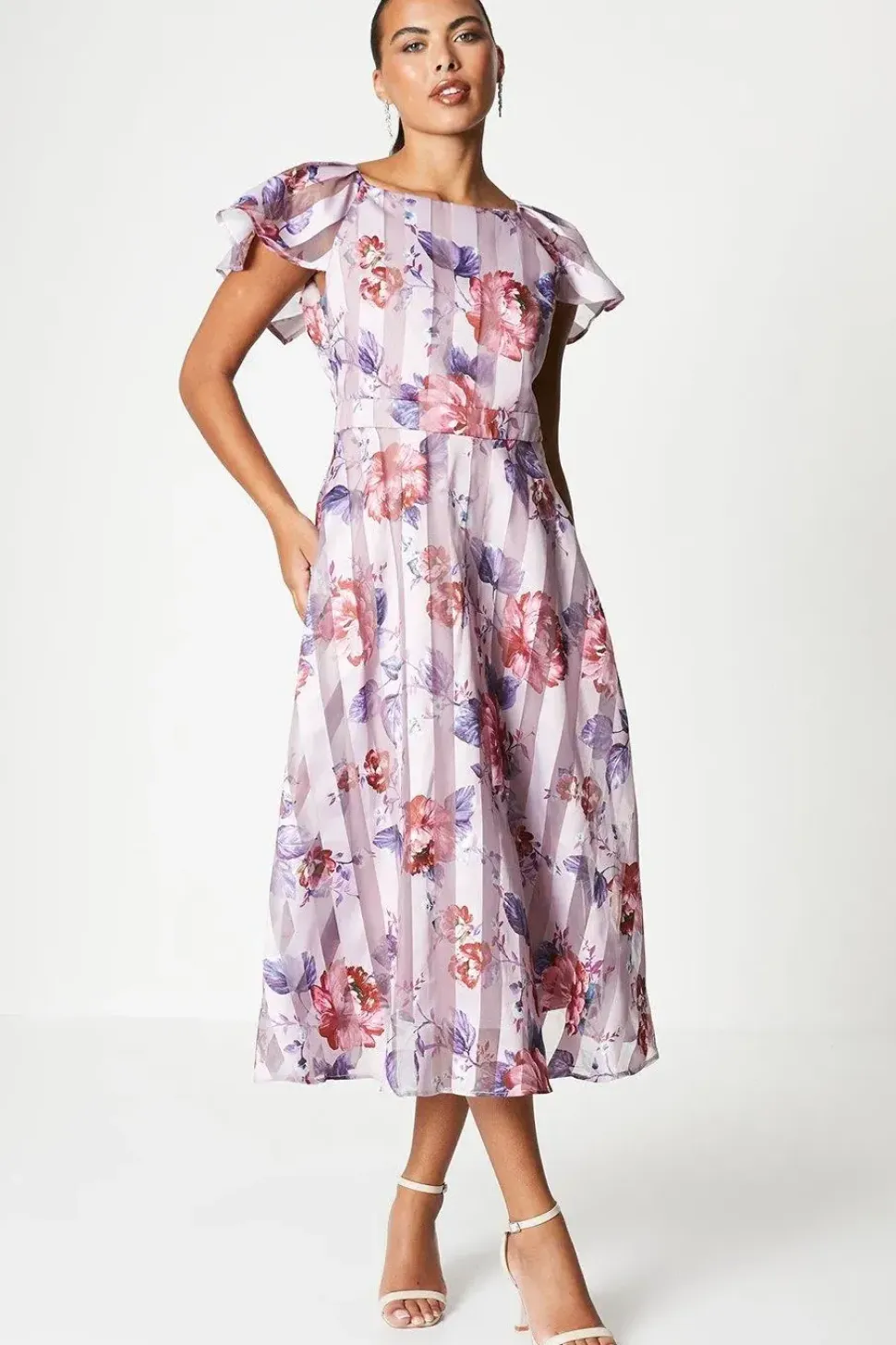 Print Stripe Organza Pleat Shoulder Midi Dress