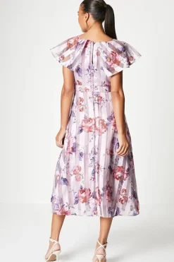 Print Stripe Organza Pleat Shoulder Midi Dress