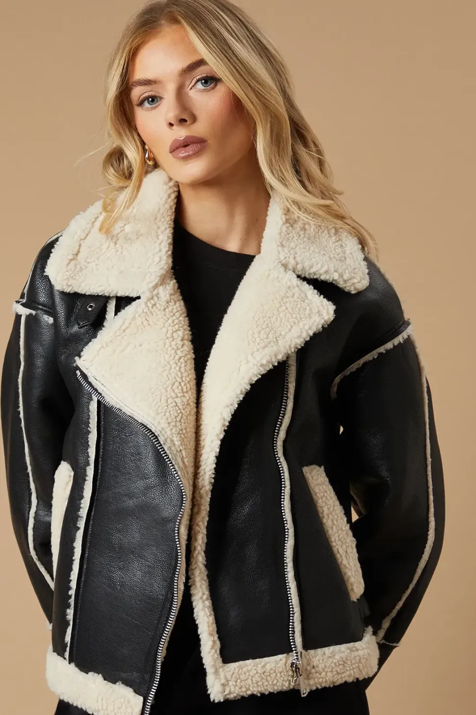 PU Borg Detail Collared Zip Jacket