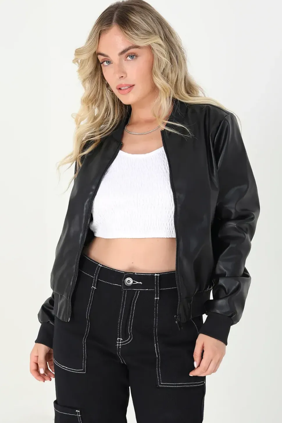 PU Faux Leather Bomber Jacket