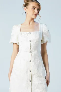 Puff Sleeve Jewel Button Bridal Mini Dress