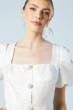 Puff Sleeve Jewel Button Bridal Mini Dress