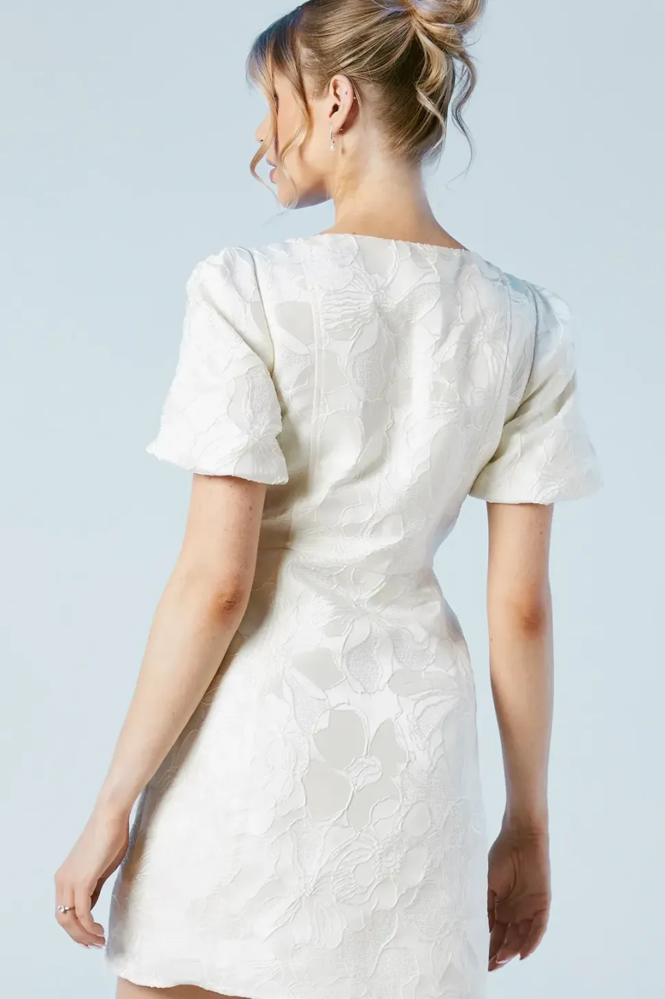 Puff Sleeve Jewel Button Bridal Mini Dress