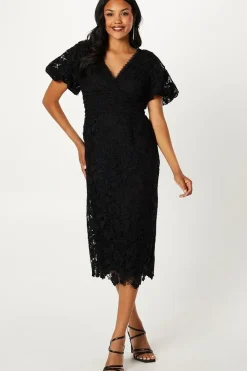 Puff Sleeve Lace Midi Dress With Trims