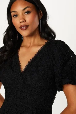Puff Sleeve Lace Midi Dress With Trims