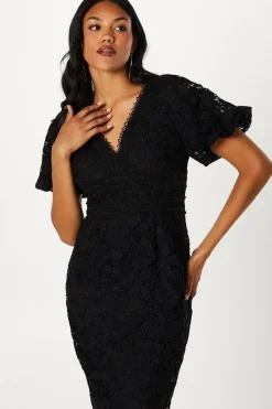 Puff Sleeve Lace Midi Dress With Trims