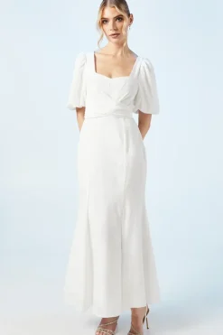 Puff Sleeve Satin Jacquard Wrap Waist Wedding Dress
