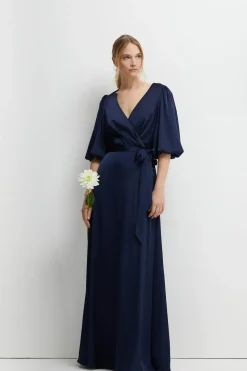 Puff Sleeve Satin Wrap Bridesmaids Dress