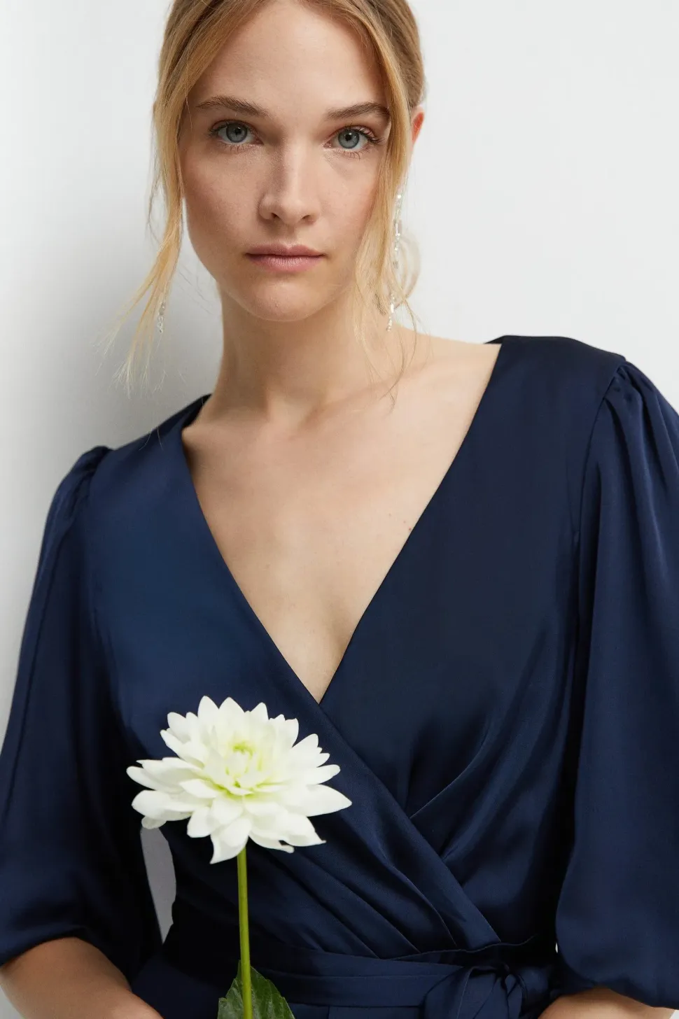 Puff Sleeve Satin Wrap Bridesmaids Dress