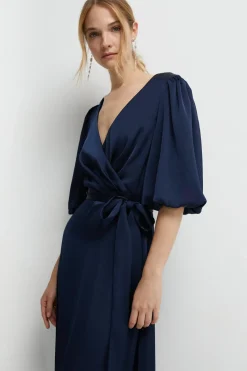 Puff Sleeve Satin Wrap Bridesmaids Dress