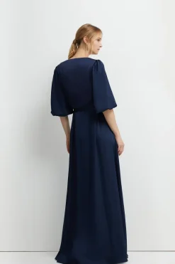 Puff Sleeve Satin Wrap Bridesmaids Dress