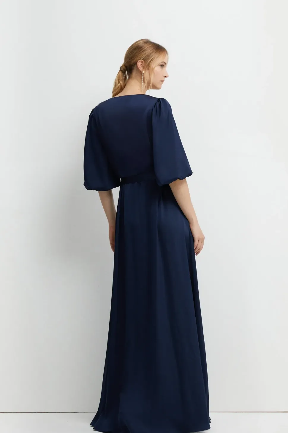 Puff Sleeve Satin Wrap Bridesmaids Dress
