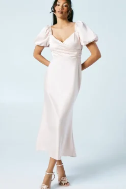Puff Sleeve Satin Wrap Top Bridesmaids Dress