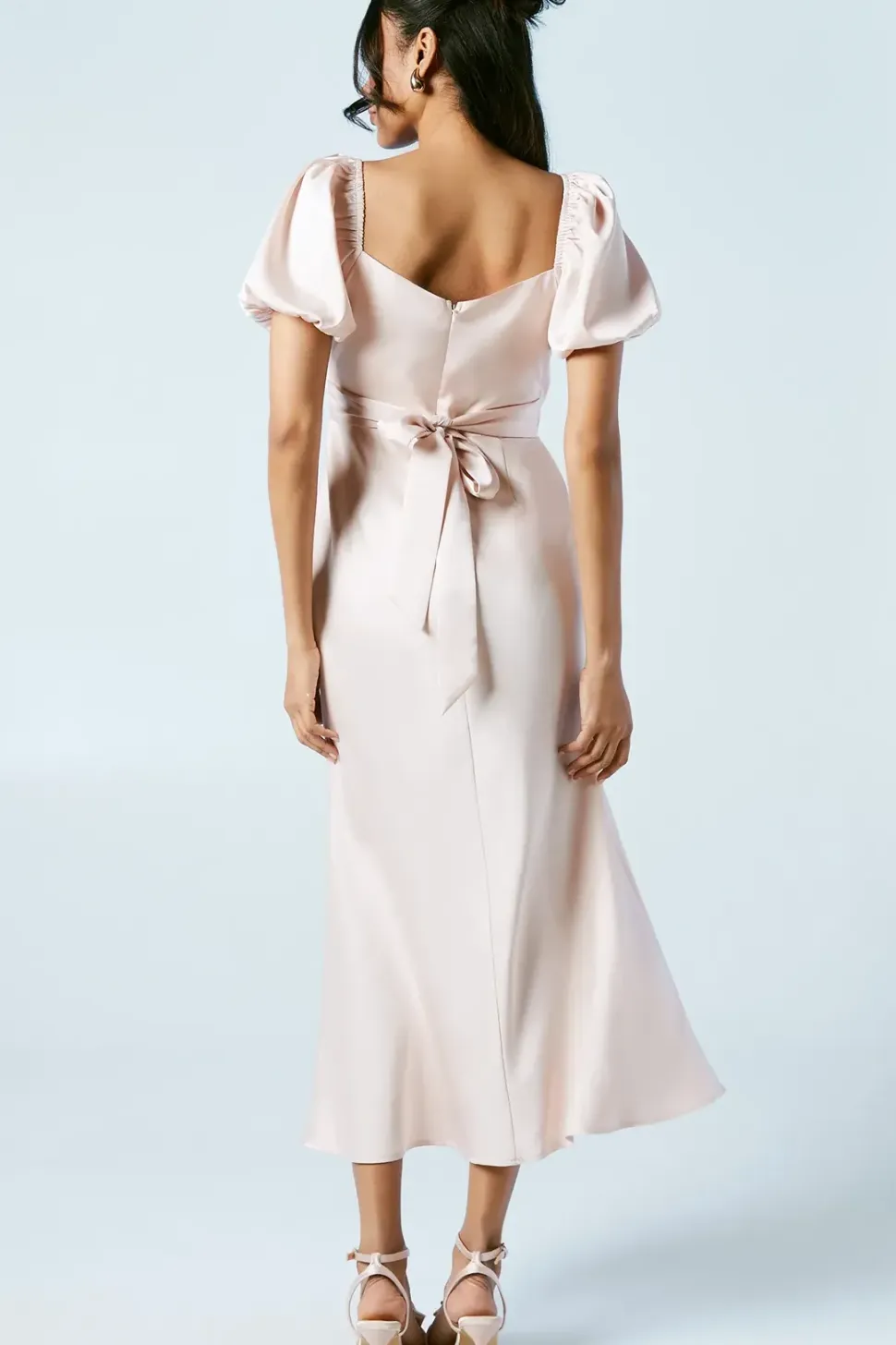 Puff Sleeve Satin Wrap Top Bridesmaids Dress