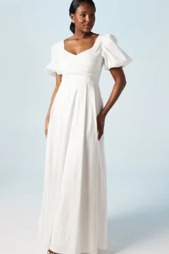 Puff Sleeve Wrap Bodice Fit And Flare Wedding Dress