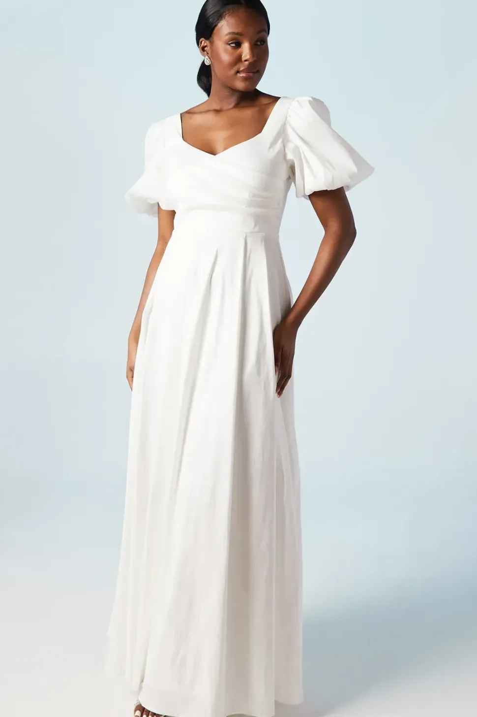 Puff Sleeve Wrap Bodice Fit And Flare Wedding Dress
