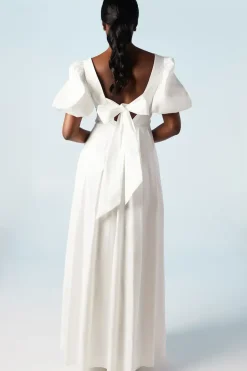 Puff Sleeve Wrap Bodice Fit And Flare Wedding Dress