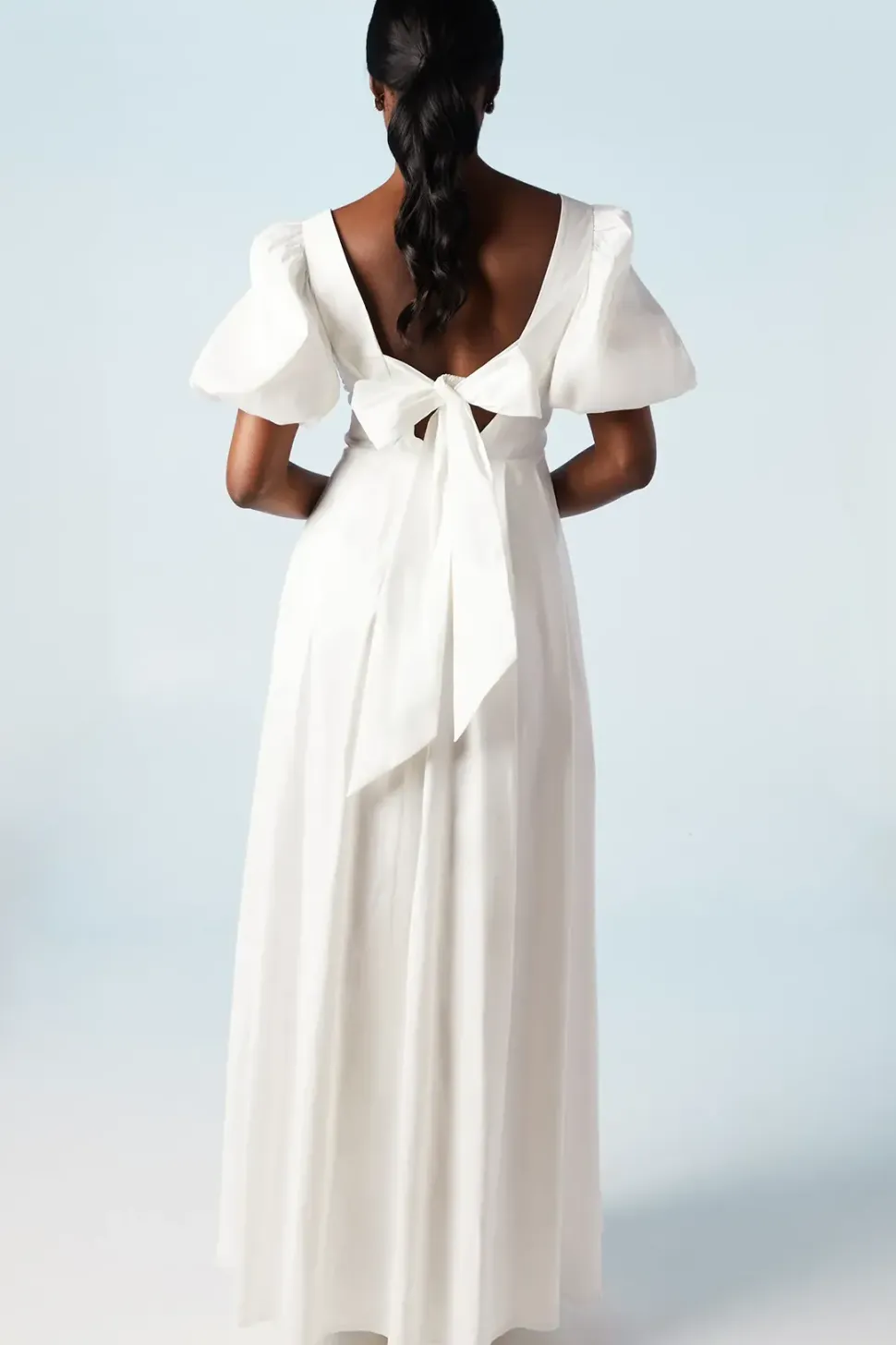 Puff Sleeve Wrap Bodice Fit And Flare Wedding Dress