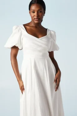 Puff Sleeve Wrap Bodice Fit And Flare Wedding Dress